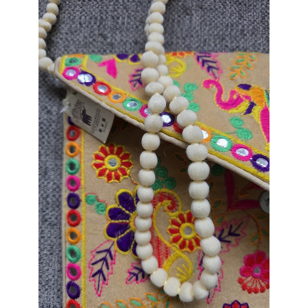 Embroidered Crossbody Bag Elephant PomPom Strap Boho Festival Purse - Picture 8 of 14